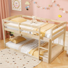 Twin Size Bunk Bed with High Guardrails and Integrated Ladder-Natural