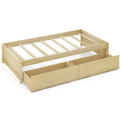 Twin Captain Bed with 2 Rolling Drawers and Raised Edges, Natural Pine