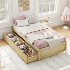 Twin Captain Bed with 2 Rolling Drawers and Raised Edges, Natural Pine
