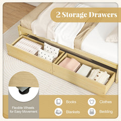 Twin Captain Bed with 2 Rolling Drawers and Raised Edges, Natural Pine
