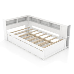 Twin Size Daybed Platform Bed Frame with Trundle and Bedside Shelves-White