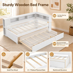 Twin Size Daybed Platform Bed Frame with Trundle and Bedside Shelves-White