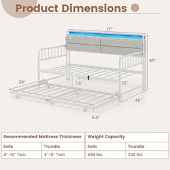 Twin Size Daybed with Trundle and Metal Bed Frame with Headboard-White