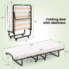 Twin Size Folding Bed with Foam Mattress and Lockable Wheels