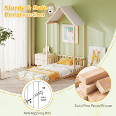 Twin Size House Bed with House Shape Roof and Semi-Fence-Natural