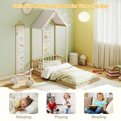 Twin Size House Bed with House Shape Roof and Semi-Fence-Natural
