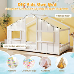 Twin Size House Bed with LED Lights Montessori Slat-free Floor Bed-White