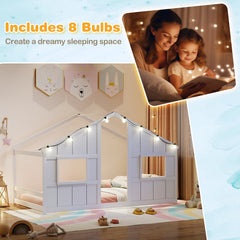 Twin Size House Bed with LED Lights Montessori Slat-free Floor Bed-White