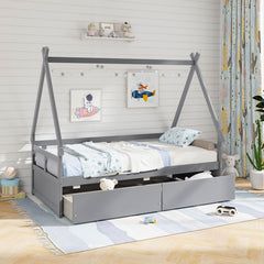 Twin Size House Bed with Roof and Safety Guardrail-Gray