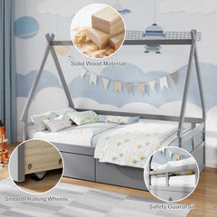Twin Size House Bed with Roof and Safety Guardrail-Gray