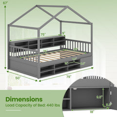 Twin Size House Bed with Roof with 14 Storage Cubes and Enclosed Cabinet-Gray