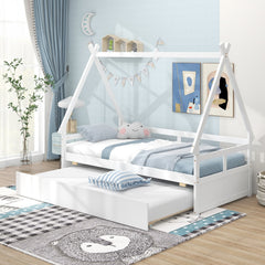 Twin Size House Bed with Trundle and Safety Guardrail-White