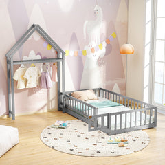 Twin House Floor Bed with Fence Guardrails, Lockable Gate and Clothes Hanger, Grey