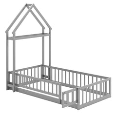 Twin House Floor Bed with Fence Guardrails, Lockable Gate and Clothes Hanger, Grey