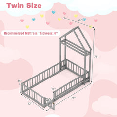 Twin House Floor Bed with Fence Guardrails, Lockable Gate and Clothes Hanger, Grey