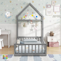 Twin House Floor Bed with Fence Guardrails, Lockable Gate and Clothes Hanger, Grey