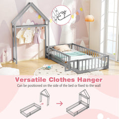 Twin House Floor Bed with Fence Guardrails, Lockable Gate and Clothes Hanger, Grey