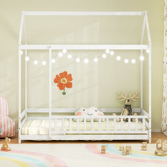 Twin Size Kids House Bed Wooden Floor Bed with Roof and Full-length Safety Guardrail-White