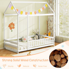 Twin Size Kids House Bed Wooden Floor Bed with Roof and Full-length Safety Guardrail-White
