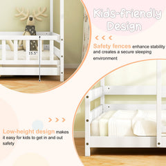 Twin Size Kids House Bed Wooden Floor Bed with Roof and Full-length Safety Guardrail-White