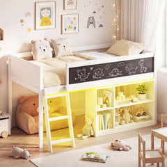 Twin Size Kids Loft Bed with LED Lights and Removable Bookcase-White