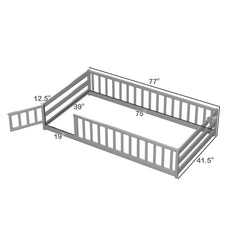Twin Size Kids Wood Montessori Floor Bed with Door and Fence-Gray