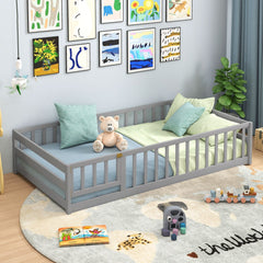 Twin Size Kids Wood Montessori Floor Bed with Door and Fence-Gray