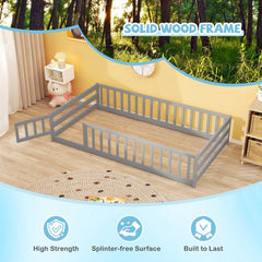 Twin Size Kids Wood Montessori Floor Bed with Door and Fence-Gray