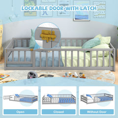 Twin Size Kids Wood Montessori Floor Bed with Door and Fence-Gray