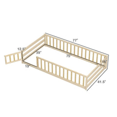 Twin Size Kids Wood Montessori Floor Bed with Door and Fence-Natural