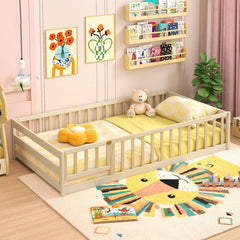 Twin Size Kids Wood Montessori Floor Bed with Door and Fence-Natural