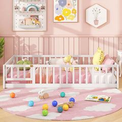 Twin Size Kids Wood Montessori Floor Bed with Door and Fence-White