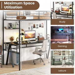 Twin Size Loft Bed Metal Bed Frame with Ladder and Guardrails-Black