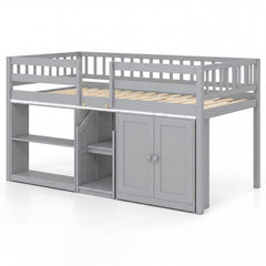 Twin Size Loft Bed with LED Lights and Kids Wooden Bed Frame-Gray