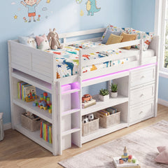 Twin Size Loft Bed with LED Lights and Underbed Space for Kids-White