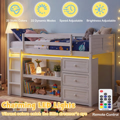 Twin Size Loft Bed with LED Lights and Underbed Space for Kids-White