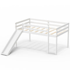 Twin Size Low Sturdy Loft Bed with Slide Wood-White
