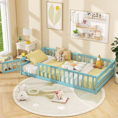 Twin Size Montessori Floor Bed Frame with Full Length Safety Guardrails-Dark Green