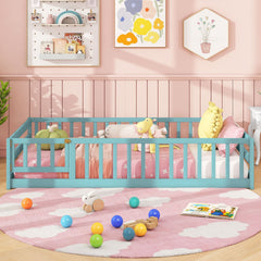 Twin Size Montessori Floor Bed Frame with Full Length Safety Guardrails-Dark Green