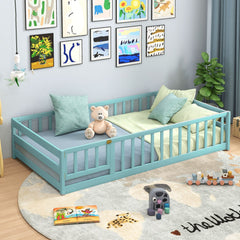 Twin Size Montessori Floor Bed Frame with Full Length Safety Guardrails-Dark Green