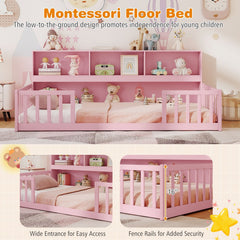 Twin Size Montessori Floor Bed with Bookcase-Pink