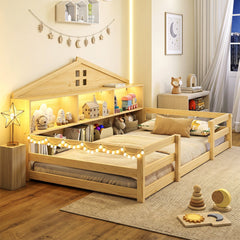 Twin Size Montessori Floor Bed with Storage Compartments and Shelf-Natural