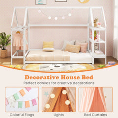 Twin Size Montessori Floor House Bed with Detachable Storage Shelves-White