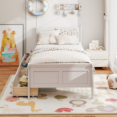 Twin Sleigh Bed with 2 Rolling Drawers and Curved Footboard, White