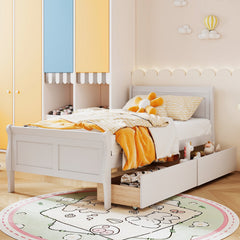 Twin Sleigh Bed with 2 Rolling Drawers and Curved Footboard, White