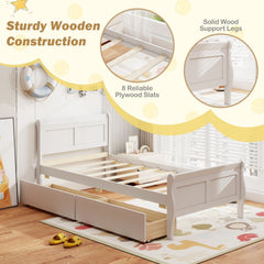Twin Sleigh Bed with 2 Rolling Drawers and Curved Footboard, White