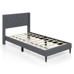 Twin Linen Platform Bed with Button Tufted Wingback Headboard, Grey