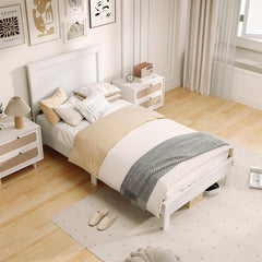 Twin Wood Platform Bed with Panelled Headboard and 12 Thickened Slats, White