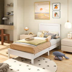 Twin Wood Platform Bed with Panelled Headboard and 12 Thickened Slats, White
