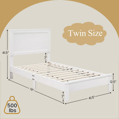 Twin Wood Platform Bed with Panelled Headboard and 12 Thickened Slats, White